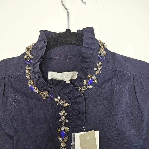 J Crew Navy BlueRuffled Rhinestone Cotton Crystal Sleeveless Blouse Size 00 - Picture 5 of 11